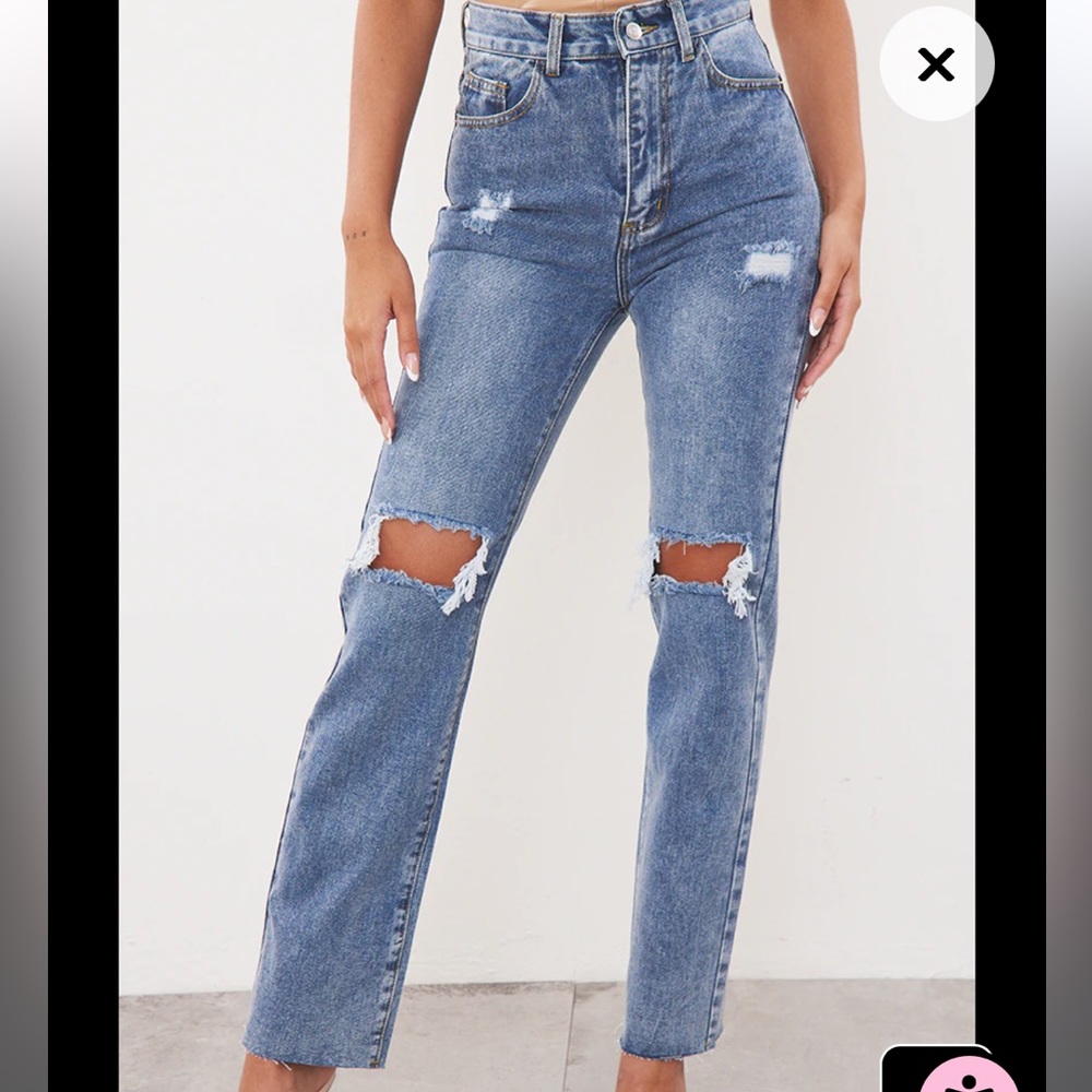 PLT Mid Wash High Ripped Straight Leg Jeans